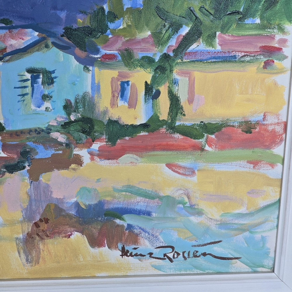 Vintage Mediterranean Village Painting Heinz Rosien Framed 30x24 Coastal MCM Art - Picture 2 of 9